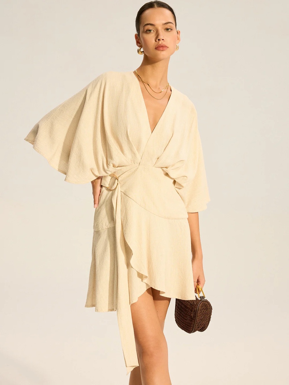 169 Cotton & Linen Kimono Sleeve Wrap Dress